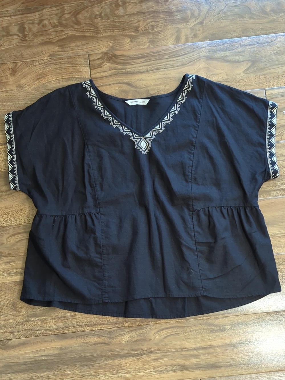 Black V‑Neck Embroidered Linen Blend Women's Top